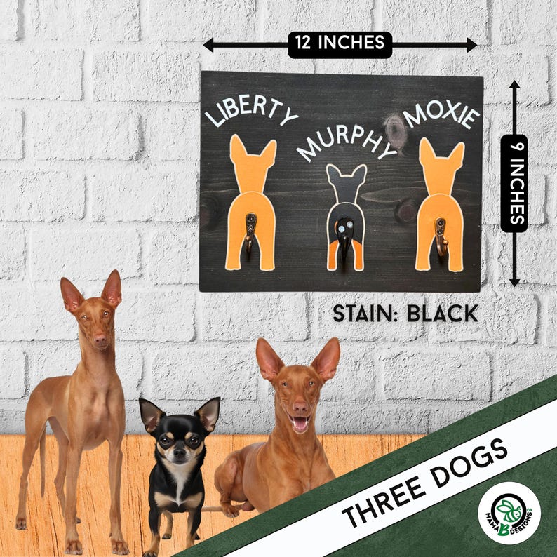 Custom painted dog leash holder featuring two Pharaoh Hounds and one Chihuahua from behind, each with a metal hook for a tail. Shown next to a photo of the real dogs. Handmade wood sign measures 12x9 inches. Personalized to match your dogs’ breeds and colors. A thoughtful gift for dog lovers and pet parents. Fun, functional wall decor for leash and collar storage.