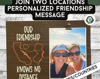 May include: A wooden frame with a photo and text. The frame is 12" x 9" and features the words "OUR FRIENDSHIP KNOWS NO DISTANCE" with a map of California and New Jersey. The photo shows two women. The text at the top says "CUSTOM 12"X9" FRAME JOIN TWO LOCATIONS PERSONALIZED FRIENDSHIP MESSAGE".