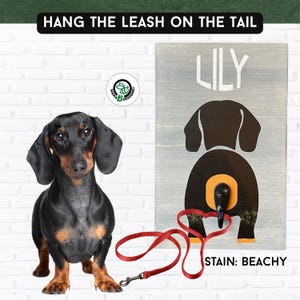 Custom painted dog leash holder featuring a Dachshund’s backside with a metal hook for the tail. A red leash hangs from the hook, and a photo of the real dog is shown for comparison. Handmade wood sign measures 6x9 inches. Personalized to match your dog’s breed and coloring. A fun, functional gift for dog lovers and pet parents. Great for leash storage and wall decor.