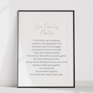 Familiemantra, grafiek familiebevestiging, familiemuurkunst, afdrukbare affirmaties, inspirerende muurkunst, goedemorgen-afdrukken
