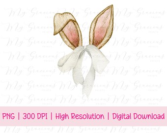 Bunny PNG, Coquette Easter, Watercolor Easter Bunny, Easter Sublimation, Happy Easter PNG, Brown Bunny Ears, Bow PNG, Cute Bunny Ears png