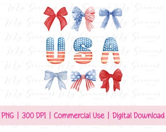 Patriotic Bows, Girly 4th of July, America, Coquette bows, Red White Blue, preppy bow collage, DTF, PNG, Sublimation, Patriotic png