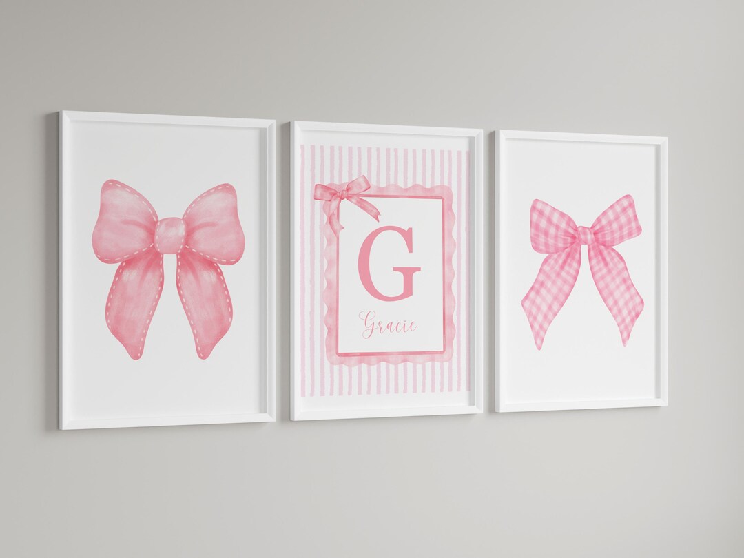 Trendy Pink Bows Wall Art Set of 3, Personalized Pink Bows Prints ...
