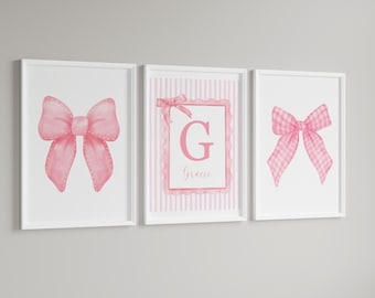 Lot de 3 décorations murales tendance noeuds roses, impressions personnalisées noeuds roses, décoration de chambre coquette, noeuds aquarelle, oeuvre d'art murale noeud rose
