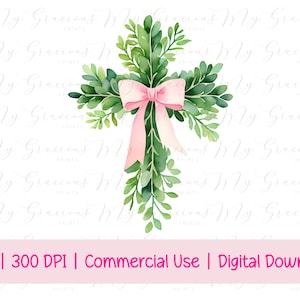 May include: A watercolor illustration of a cross made of green leaves with a pink ribbon bow in the center. The cross is isolated on a white background.