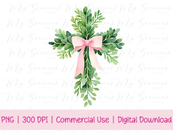 Watercolor Easter Cross PNG, Preppy Easter png, Preppy Bow png, sublimation bow png, Religious png, Grandmillenial PNG, Floral Cross png