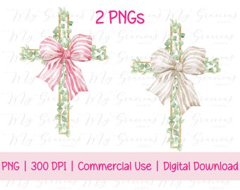 Watercolor Pink Bow Cross PNG, Easter Clip Art, Preppy Easter, Christian Easter Coquette PNG, Watercolor floral easter cross png, easter png