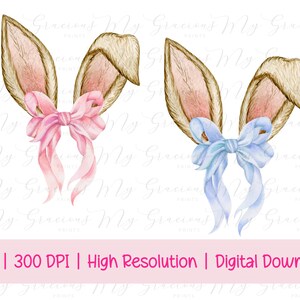 Bunny PNG, Brown Bunny Ears, Watercolor Easter Bunny, Coquette Easter, Happy Easter PNG, Clipart, Easter Sublimation, Bow Aesthetic
