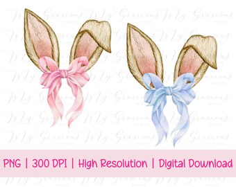 Bunny PNG, Brown Bunny Ears, Watercolor Easter Bunny, Coquette Easter, Happy Easter PNG, Clipart, Easter Sublimation, Bow Aesthetic