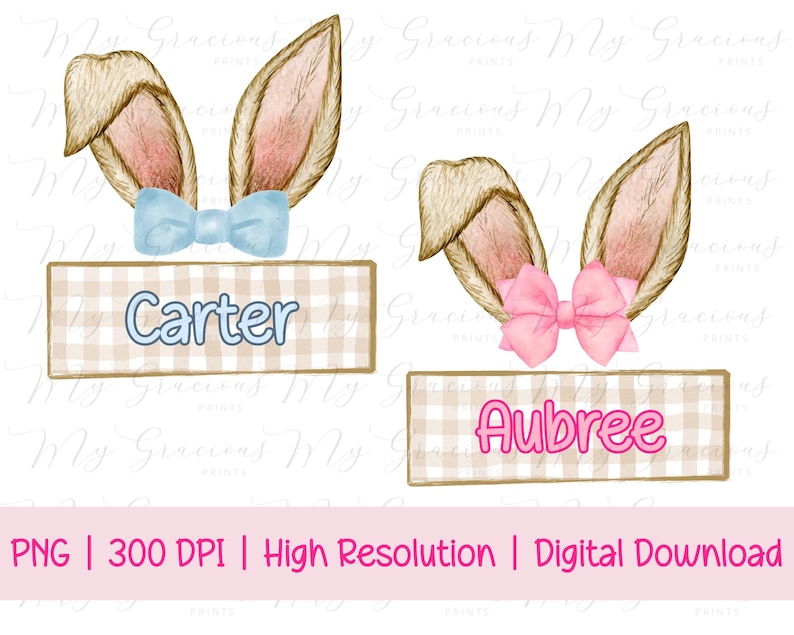May include: Two sets of bunny ears with bows. One set is brown with a light blue bow and the name "Carter" on a checkered background. The other set is brown with a pink bow and the name "Aubree" on a checkered background.