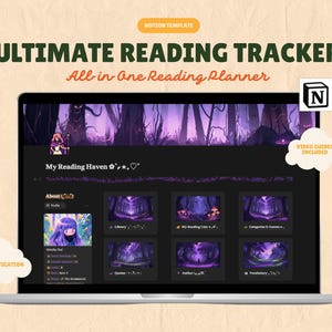 Puede incluir: Una pantalla de portátil muestra una plantilla de Notion titulada "ULTIMATE READING TRACKER" con el subtítulo "All in One Reading Planner". La interfaz presenta un tema oscuro con acentos morados y una imagen de encabezado con temática de bosque. El texto "My Reading Haven" es visible.