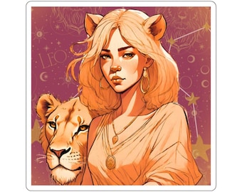 Pegatina de chica astrológica del zodíaco Leo, calcomanía espiritual de león de cumpleaños de agosto en color beige, rojo y naranja, regalo de pegatina para mujer