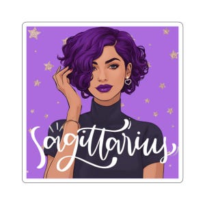 Sticker Boogschutter sterrenbeeld astrologie, paars zwart zelfliefde, november december verjaardag, stickerpakket grillige vrouwen