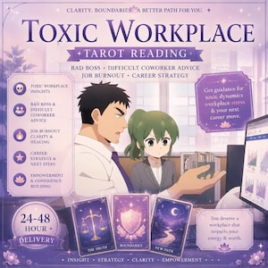 Könnte beinhalten: Werbegrafik für einen Tarot-Leseservice mit dem Text "Toxic Workplace" und verwandten Schlüsselwörtern. Das Bild enthält Illustrationen von zwei Personen, Tarotkarten und einem Computerbildschirm. Die Grafik verspricht Orientierung bei Arbeitsplatzstress und Karriereveränderungen.