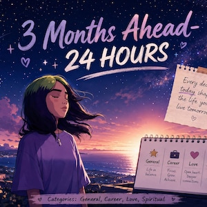 May include: An illustrated image with the text "3 Months Ahead - 24 HOURS" above a woman with green-tipped hair. A notepad reads "Every decision today shapes the life you'll live tomorrow." Below, a calendar shows categories: General, Career, Love, and Spiritual.
