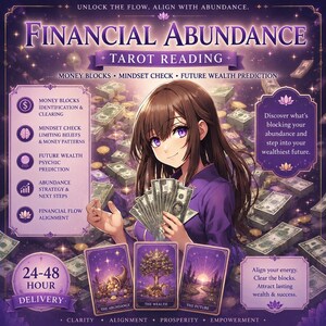 Pode incluir: Ilustração digital que promove uma leitura de tarot financeiro. A imagem apresenta uma mulher com dinheiro, rodeada por dinheiro e cartas de tarot. O texto inclui "Abundância Financeira", "Leitura de Tarot" e detalhes sobre bloqueios de dinheiro e riqueza futura.
