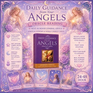Op de afbeelding: Een paarse orakelkaartendoos getiteld Daily Guidance from Your Angels door Doreen Virtue, met een gevleugelde figuur op een paard. De omliggende afbeeldingen bevatten engelen, rozen, kristallen en vijf voorbeeldkaarten met de labels Protection, Healing, Peace, Guidance en New Beginnings.