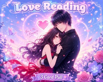May include: An illustration of a couple embracing, set against a dreamy, floral background. The image features the text "Love Reading" at the top, with "You + Me = Forever" and "3 Card Pull" also visible. The color palette includes pinks, purples, and blues.