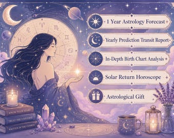May include: An illustration featuring a woman in a celestial gown, surrounded by astrological elements. The image includes a zodiac wheel, books with titles like "KNOW YOUR STARS," and text panels offering astrology services. A candle, crystals, and a mug with a crescent moon are also present.