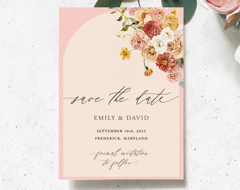 Spring Pink Floral Arch Save the Date Wedding Template, Editable Download, Templatt, Double-Sided, Boho Beige, PDF JPEG