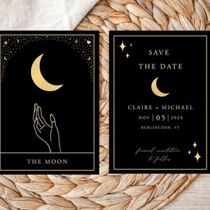 Schwarze Tarot Hochzeit Save the Date Vorlage, Mystische Celestial Sonne Mond Sterne Gold Invite Set, Einladungsset, 15x7