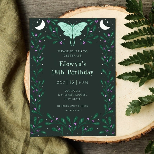 Green Luna moth Fantasy Birthday Invitation Template, Fairytale Sage Celestial Stars Nature Cottagecore Moon Enchanted Forest Storybook A300