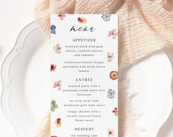 Modelo de menu de casamento de flores silvestres, flores prensadas, menu de casamento floral, menu de casamento de primavera, menu de casamento de verão, menu de flores