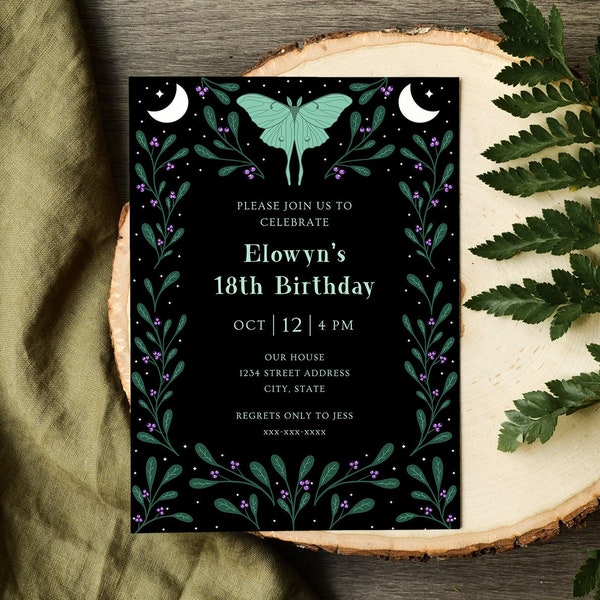 Luna moth Fantasy Birthday Invitation Template, Fairytale Knightcore Celestial Stars Nature Cottagecore Moon Enchanted Forest Storybook A300