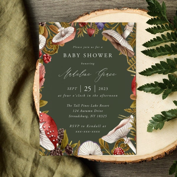 Forest Green Baby Shower Invitation Template Suite, Fairytale Mushroom Mountain Greenery, Editable Printable Download, A100