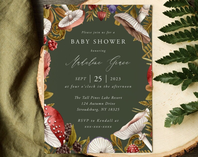 Forest Green Baby Shower Invitation Template Suite Fairytale Mushroom Mountain Greenery Editable Printable Download A100