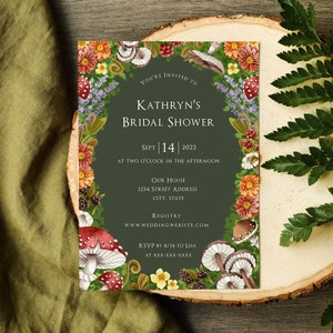 Forest Green Bridal Shower Invitation Template, Wedding Fairytale Mushroom Greenery, Floral Wreath Flowers Cottagecore Enchanted Forest A100