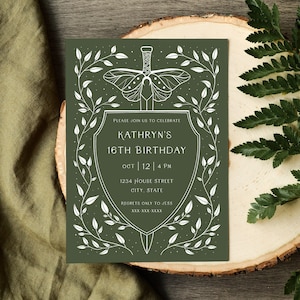 Sage Green Fantasy Birthday Invitation Template, Fairytale Knightcore Moth Sword Cottagecore Moon White Enchanted Forest Storybook A300