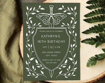 Sage Green Fantasy Birthday Invitation Template, Fairytale Knightcore Moth Sword Cottagecore Moon White Enchanted Forest Storybook A300