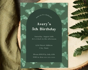 Butterfly Moth Green Birthday Invitation Template, Botanical Green Sage Emerald, Cottagecore Garden, Enchanted Forest, Boho Arch A600