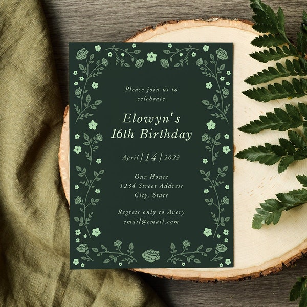 Emerald Green Birthday Invitation Template, Sage Rose Vines Greenery Floral Flowers, Cottagecore Garden Beige, Enchanted Forest, A500