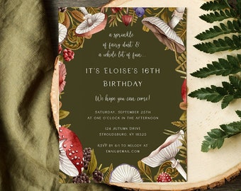 Forest Green Birthday Invitation Template, Fairytale Mushroom Mountain Greenery, Editable Printable, Cottage core, Enchanted Forest,  A100