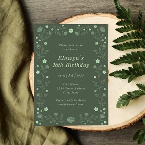 Sage Green Birthday Invitation Template, Rose Vines Greenery Floral