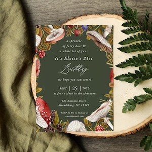 Forest Green Birthday Invitation Template, Fairytale Mushroom Mountain Greenery, Editable Printable, Cottage core, Enchanted Forest,  A100