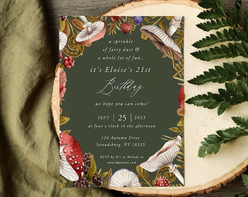 Forest Green Birthday Invitation Template Fairytale Mushroom Mountain Greenery Editable Printable Cottage core Enchanted