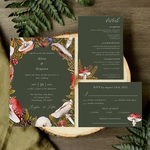 Forest Green Wedding Invitation Template Suite, Fairytale Mushroom Mountain Greenery, Editable Printable Download, A100