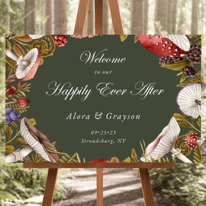 Modello di cartello di benvenuto per matrimonio verde foresta, montagna di funghi da favola, cartello di benvenuto stampabile modificabile, verde, orizzontale, 24x36, A100
