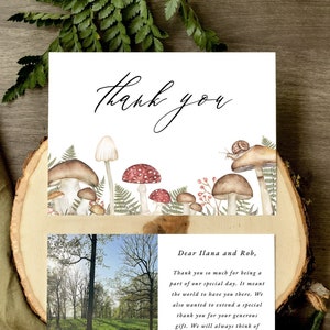 Modello di biglietto di ringraziamento ai funghi, 5x7, Grazie modificabile, Matrimonio ai funghi, Natura, Felce, Foresta, Incantato, Botanico