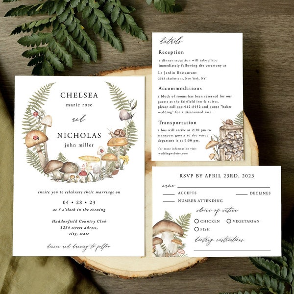 Botanical Mushroom Wedding Invitation Template Suite, Fairytale Forest Green Mountain Greenery, Editable Printable Download