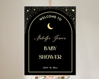 Celestial Arch Baby Shower Welcome Sign Template 18x24, magical whimsical enchanted moon stars sun black background gold foil starry boho