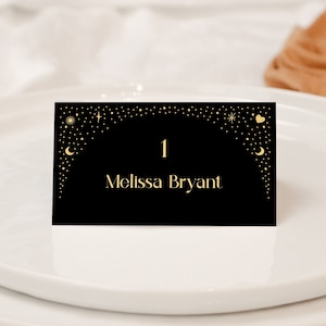 Zwarte hemelse Boho plaatskaartsjabloon, opvouwbare naamkaart, 3,5x2, Moon Stars Arch mystieke set, gouden digitale download