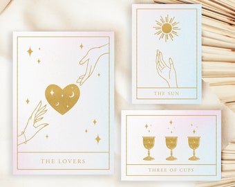 Tarot Wedding Invitation Suite Template, Pearlescent Mystical Pastel Gold Invite Set, RSVP Details Sun and Moon Digital Download, 5x7, 3.5x5