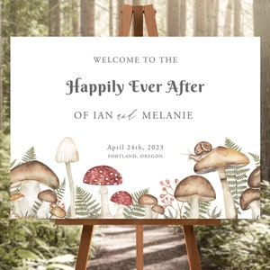 Plantilla de signo de bienvenida de hongos del bosque, signo de bienvenida de hongos botánicos, helecho de montaña del bosque de cuento de hadas encantado, imprimible editable