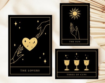 Black Tarot Wedding Invitation Suite Template, Mystical Celestial Sun Moon Stars Gold Invite Set, RSVP Details, 5x7, 3.5x5