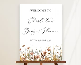 Fall Baby Shower Welcome Sign Template, Autumn Florals Flowers Leaves Mushrooms Moth, Yellow Orange Rust Themed, Little Girl Boy Editable