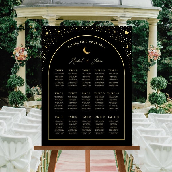 Celestial Arch Wedding Seating Chart Template 18x24, lune enchantée lunatique magique étoiles soleil fond noir feuille d'or boho étoilé